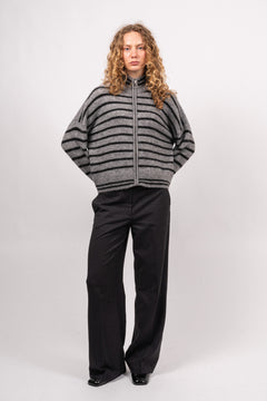 Sia Ras Stripe LS Knit Cardigan EX - Medium Grey Melange/Black