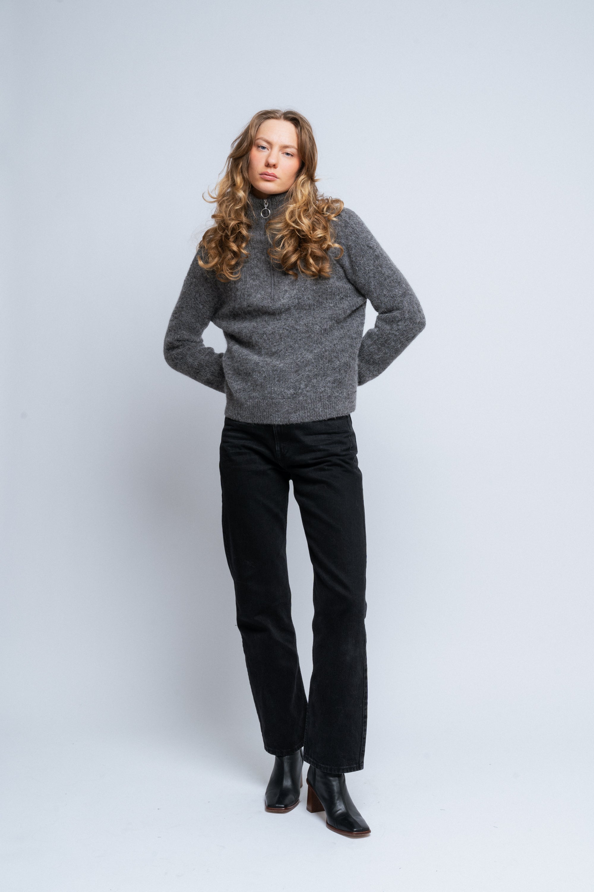 Sia Ras Ls Knit Half Zipper Ex - Medium Grey Melange