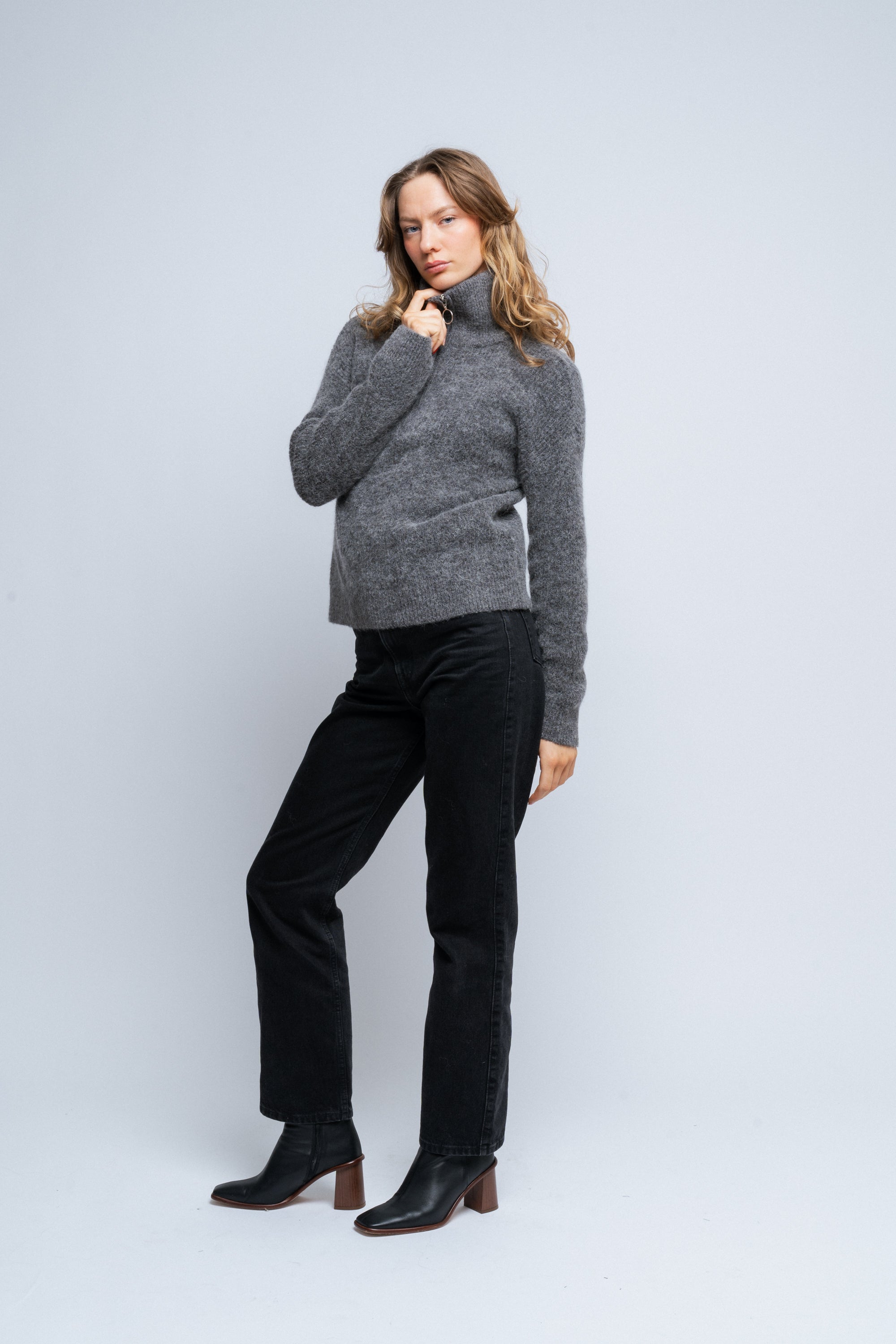 Sia Ras Ls Knit Half Zipper Ex - Medium Grey Melange