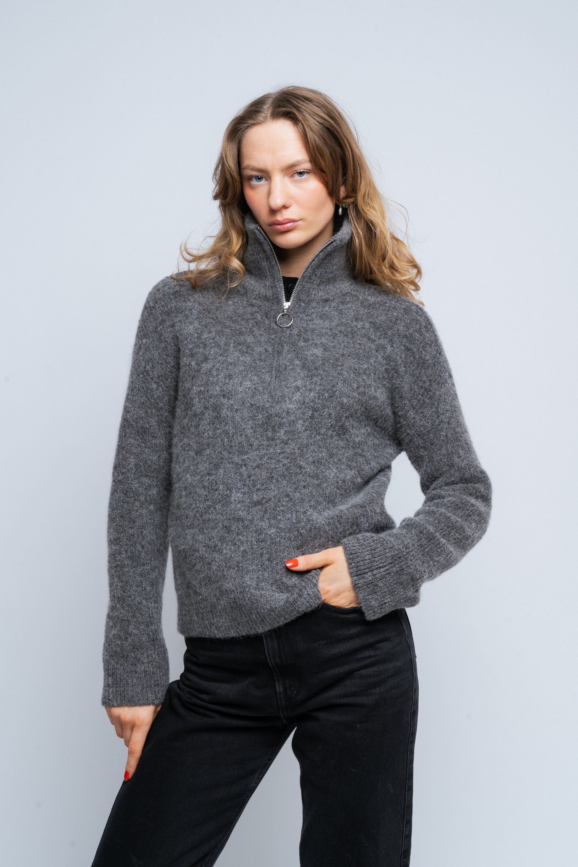 Sia Ras Ls Knit Half Zipper Ex - Medium Grey Melange