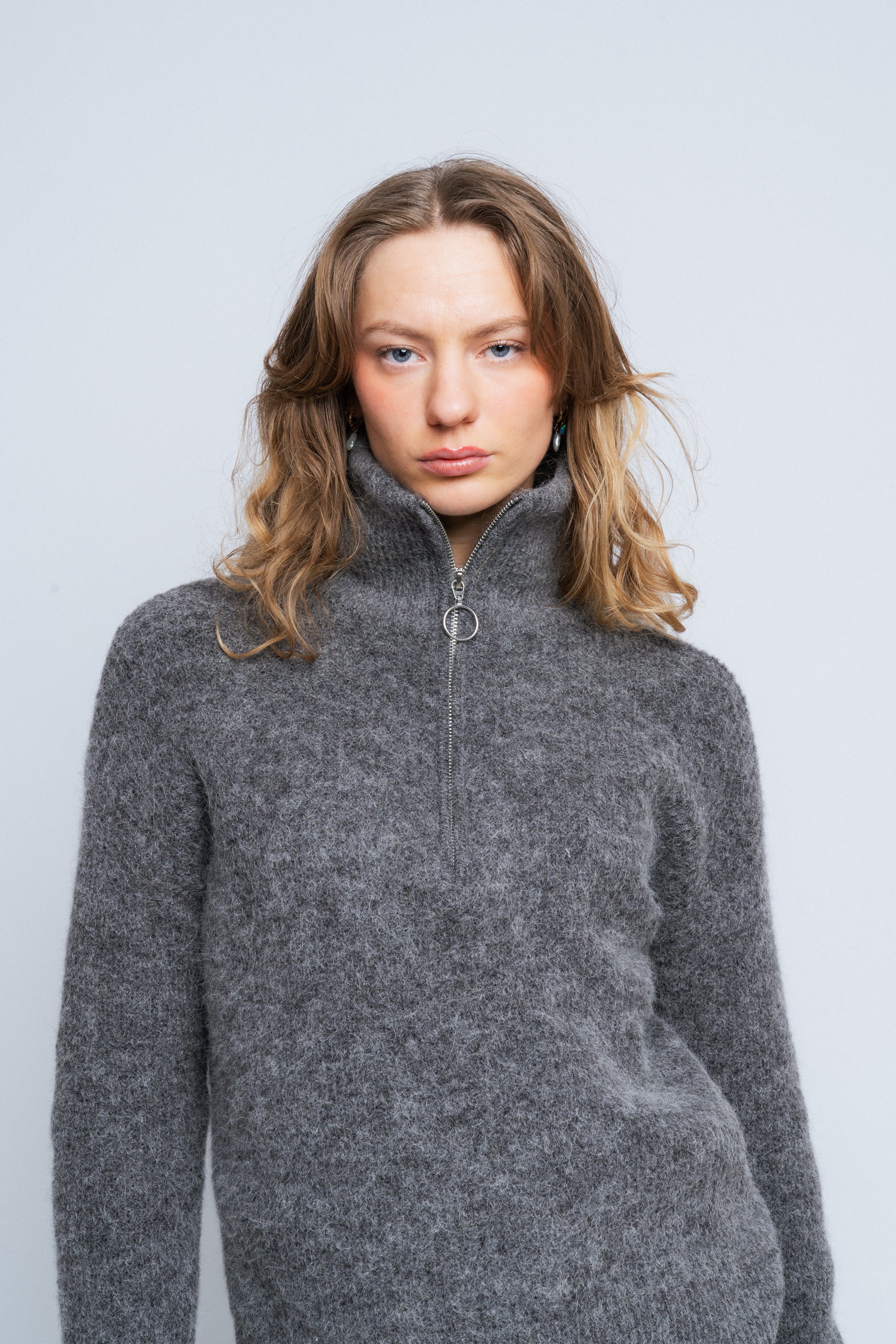 Sia Ras Ls Knit Half Zipper Ex - Medium Grey Melange