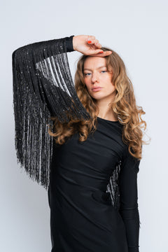 Sequin Fringe Mini Dress - Black