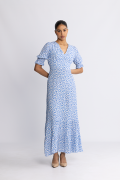 Koko Dress Long Open Back Short Sleeves - Blue White Flowers