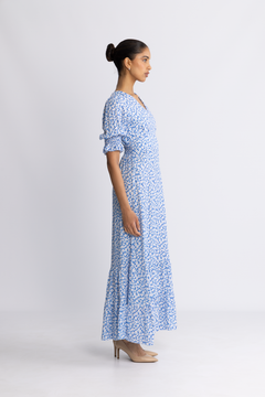 Koko Dress Long Open Back Short Sleeves - Blue White Flowers