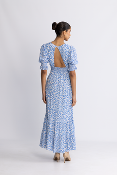 Koko Dress Long Open Back Short Sleeves - Blue White Flowers