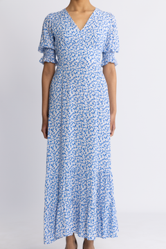 Koko Dress Long Open Back Short Sleeves - Blue White Flowers