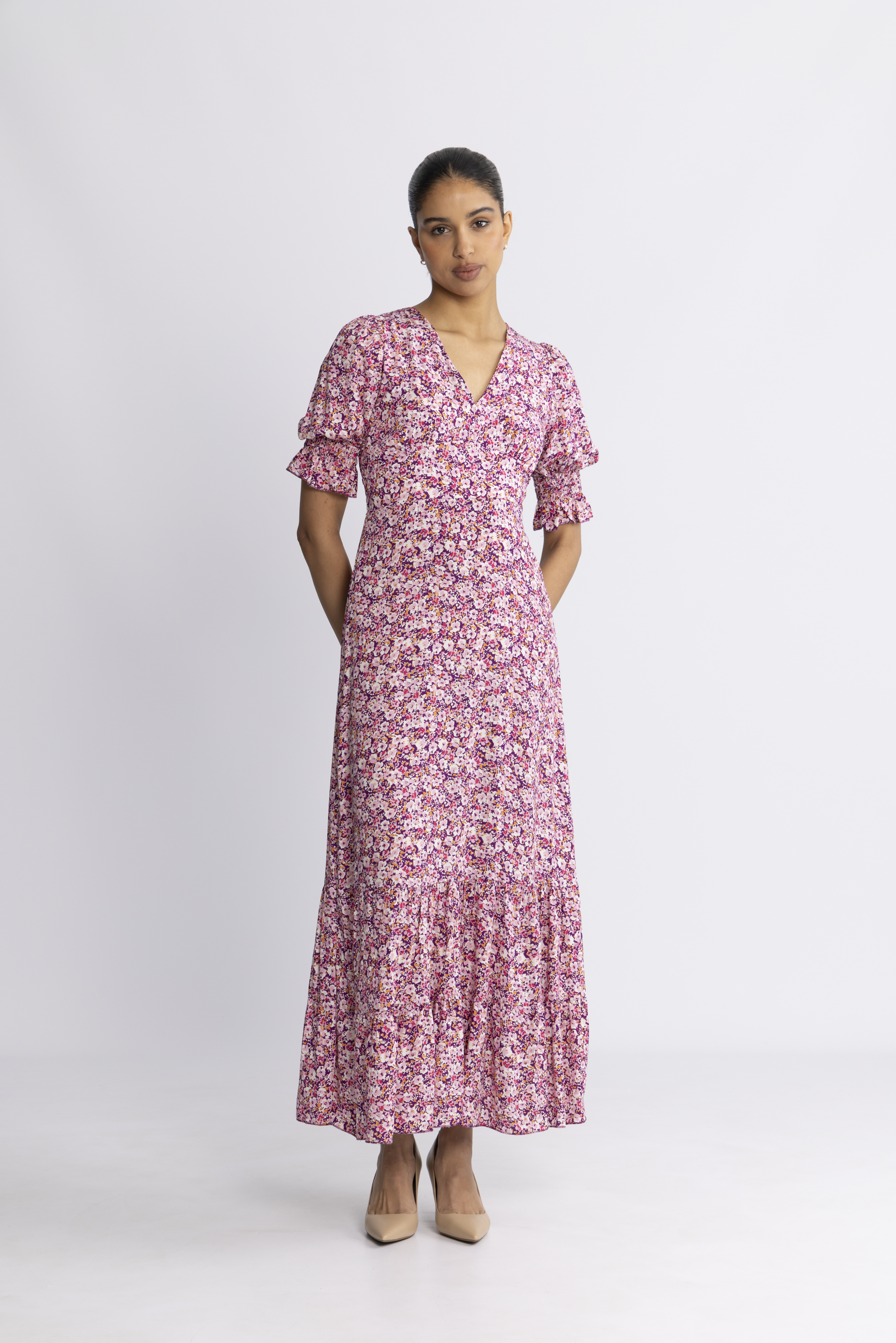 Koko Dress Long Open Back Short Sleeves - Lilac Bordeaux Big Flower