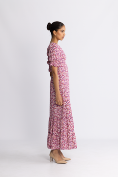 Koko Dress Long Open Back Short Sleeves - Lilac Bordeaux Big Flower