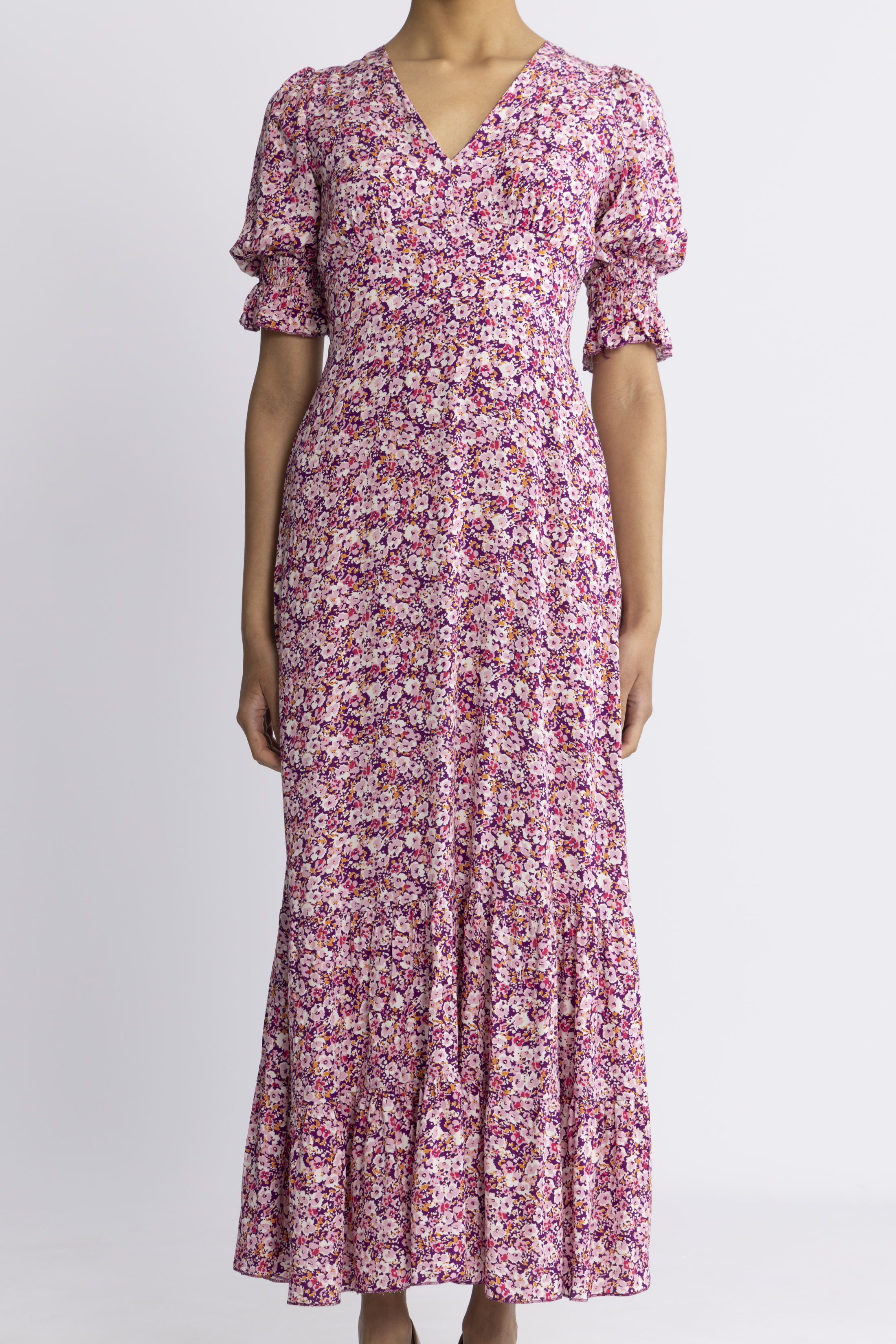 Koko Dress Long Open Back Short Sleeves - Lilac Bordeaux Big Flower