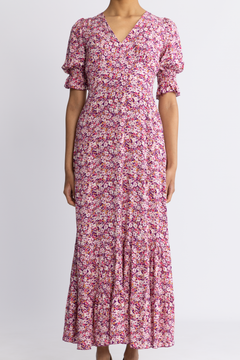 Koko Dress Long Open Back Short Sleeves - Lilac Bordeaux Big Flower