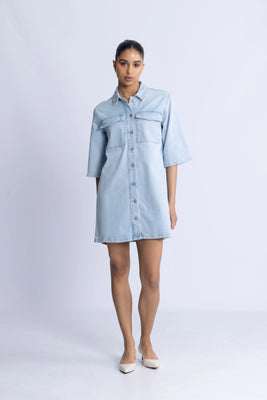 Harper Sky Blue Short Dress - Light Blue Denim