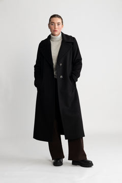 Cashmere Coat W Clareta Belt Long - Ebony Black