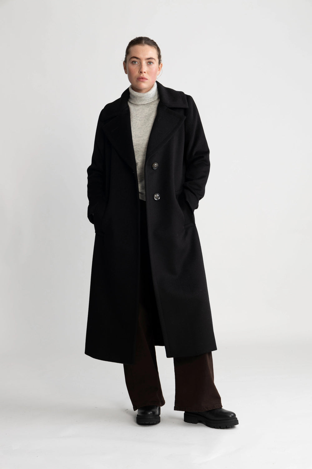 Cashmere Coat W Clareta Belt Long - Ebony Black