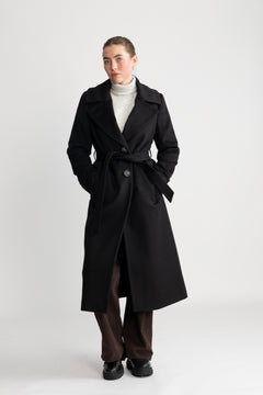 Cashmere Coat W Clareta Belt Long - Ebony Black
