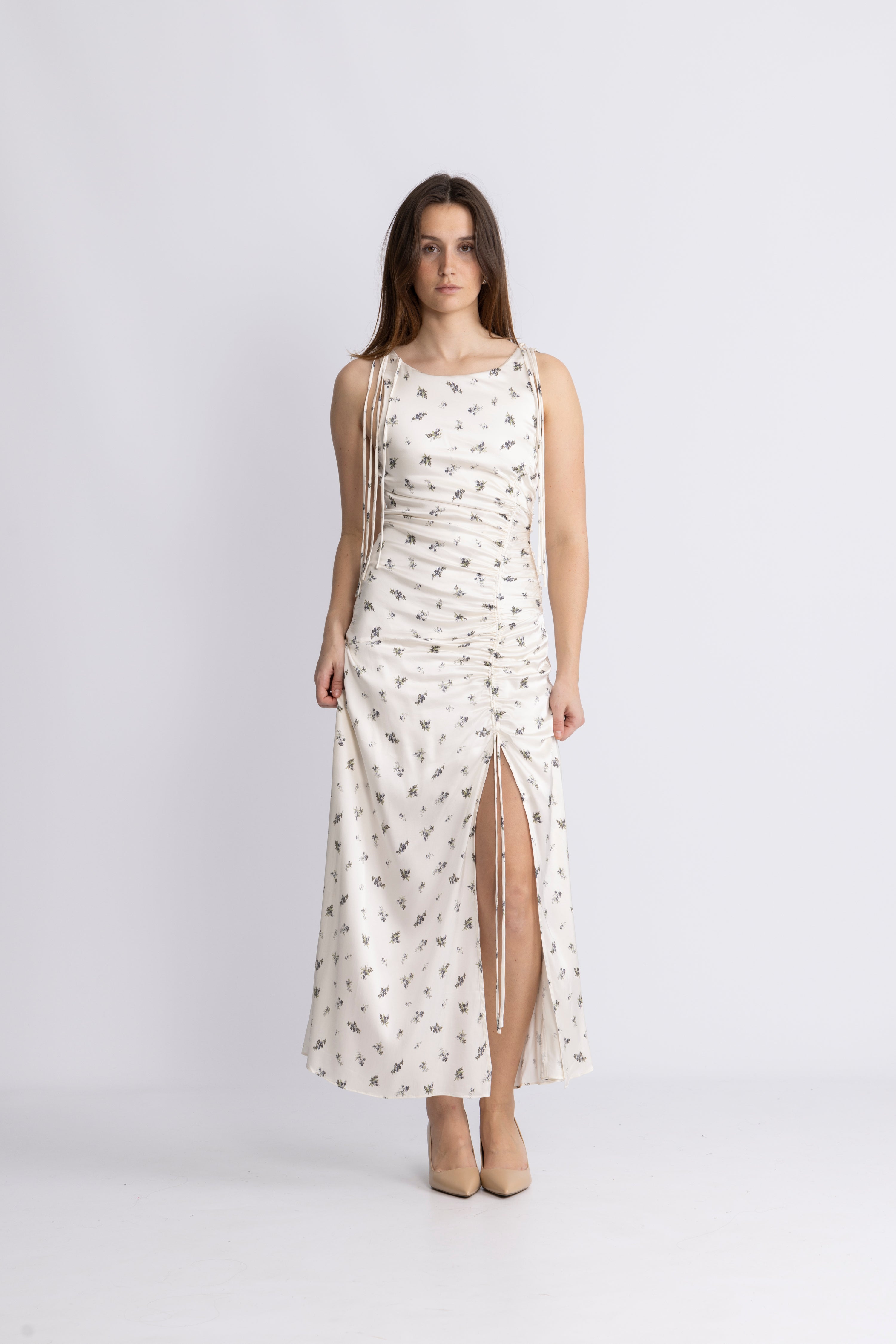 Printed Satin Gathered Long Dress - Egret