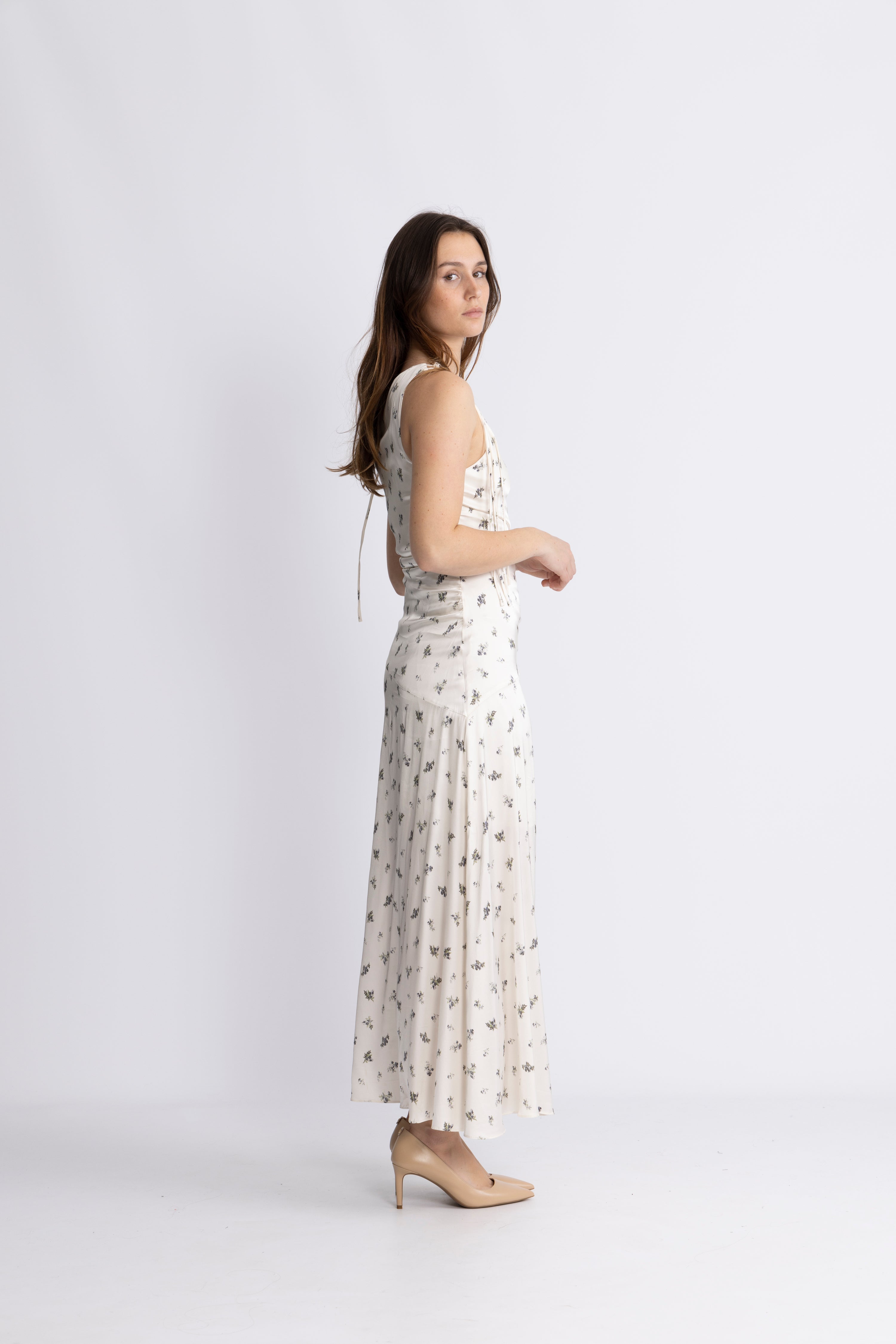 Printed Satin Gathered Long Dress - Egret