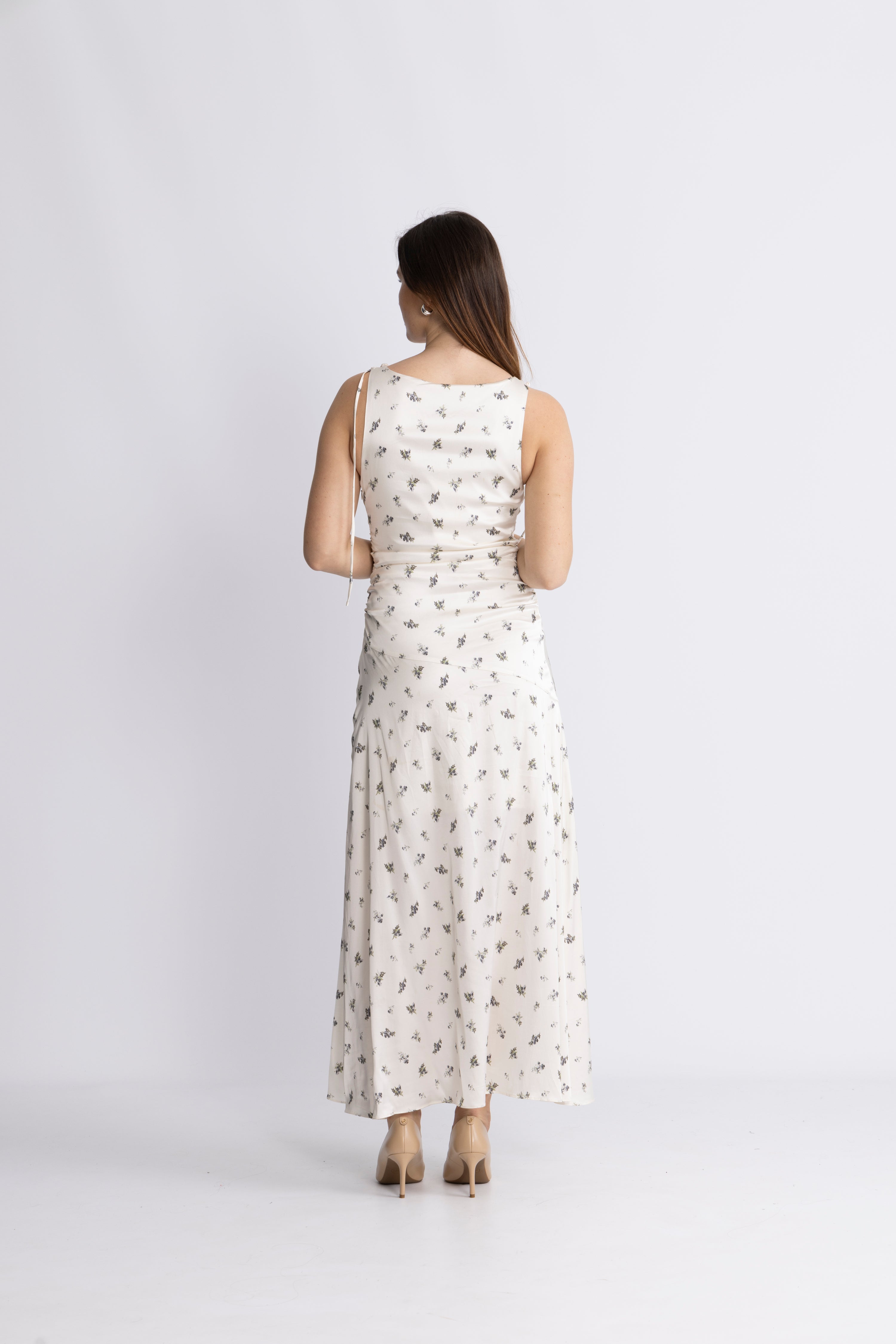 Printed Satin Gathered Long Dress - Egret