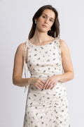 Printed Satin Gathered Long Dress - Egret