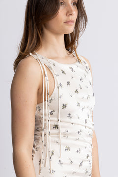 Printed Satin Gathered Long Dress - Egret