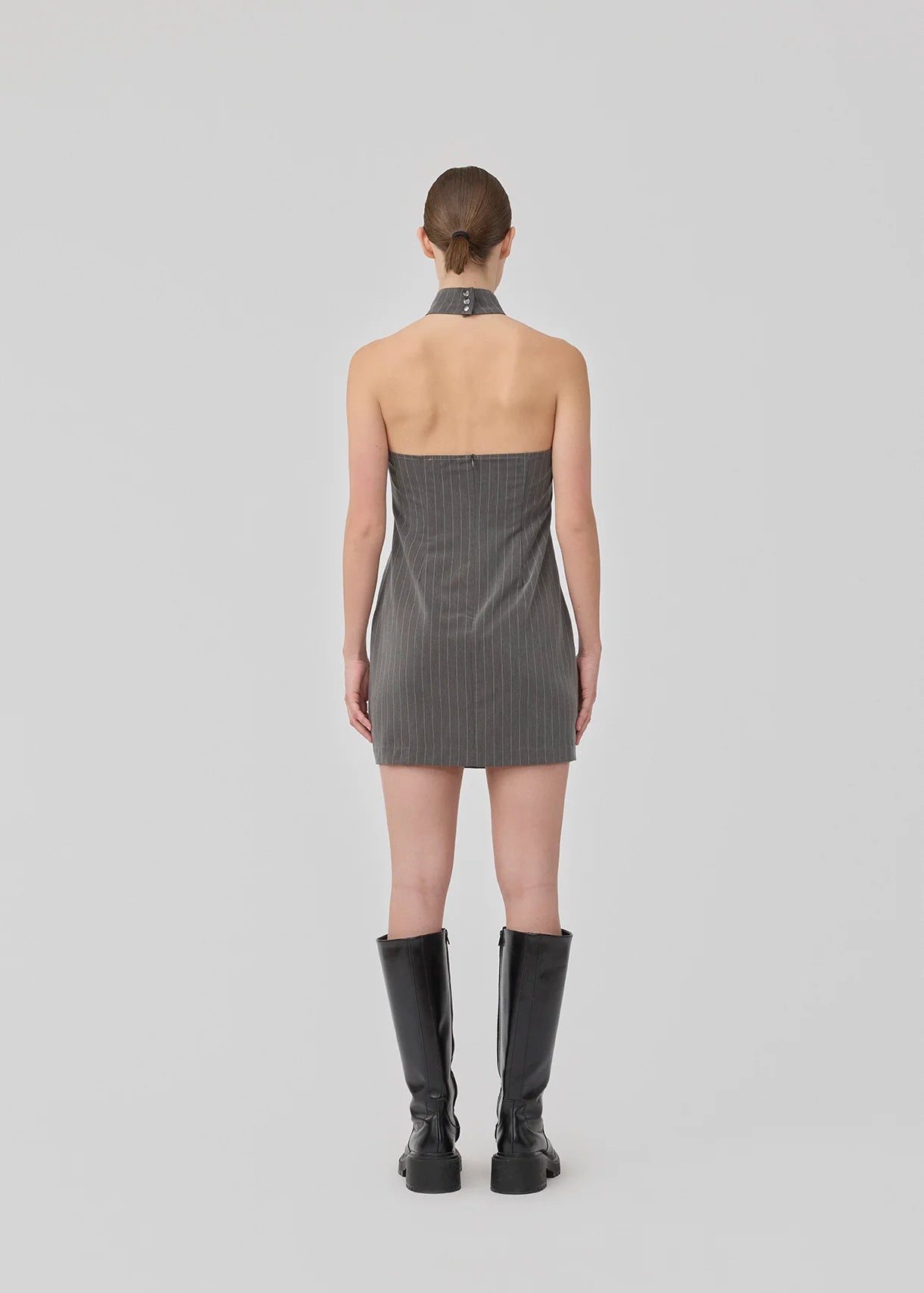 Emilia Halterneck Dress - Grey Pinstripe