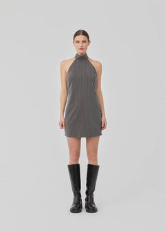 Emilia Halterneck Dress - Grey Pinstripe