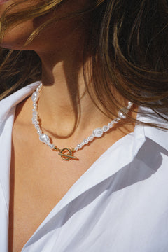 Statement Organic Mixed Pearl T-Bar Necklace - Pale Gold