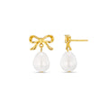 Metal Bow & Pearl Drop Earring - Pale Gold