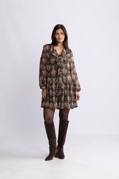 Hellvi Ruffle Chiffon Dress - Beige Paisley