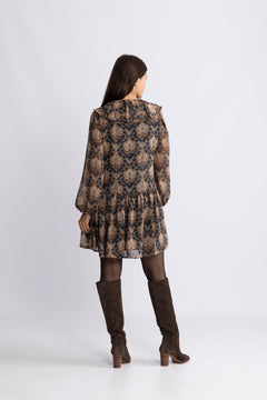 Hellvi Ruffle Chiffon Dress - Beige Paisley