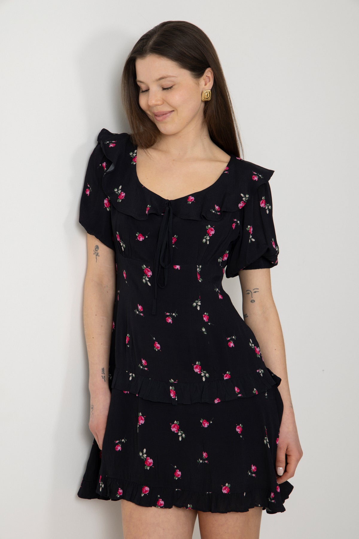 Ilse Flower Mini Dress - Black Pink