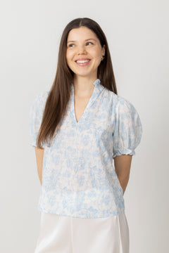 Signy Flower Dobby Blouse - Blue Dobby Flower