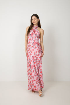 Ebba Flowery Satin Maxi Dress - Pink