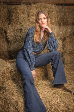 Emma Denim Jacquard Blouse - Blue Flower