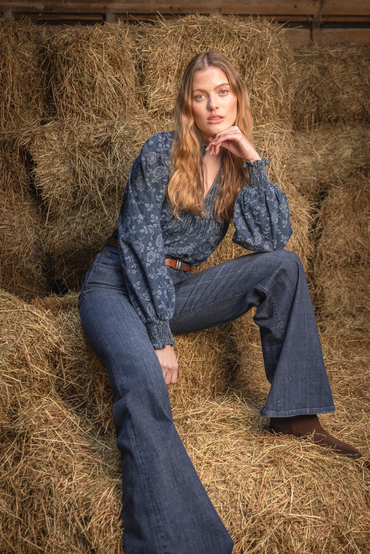 Emma Denim Jacquard Blouse - Blue Flower