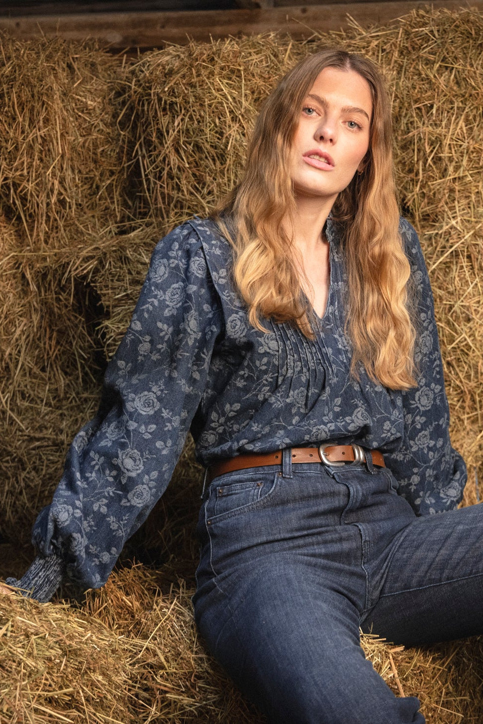 Emma Denim Jacquard Blouse - Blue Flower