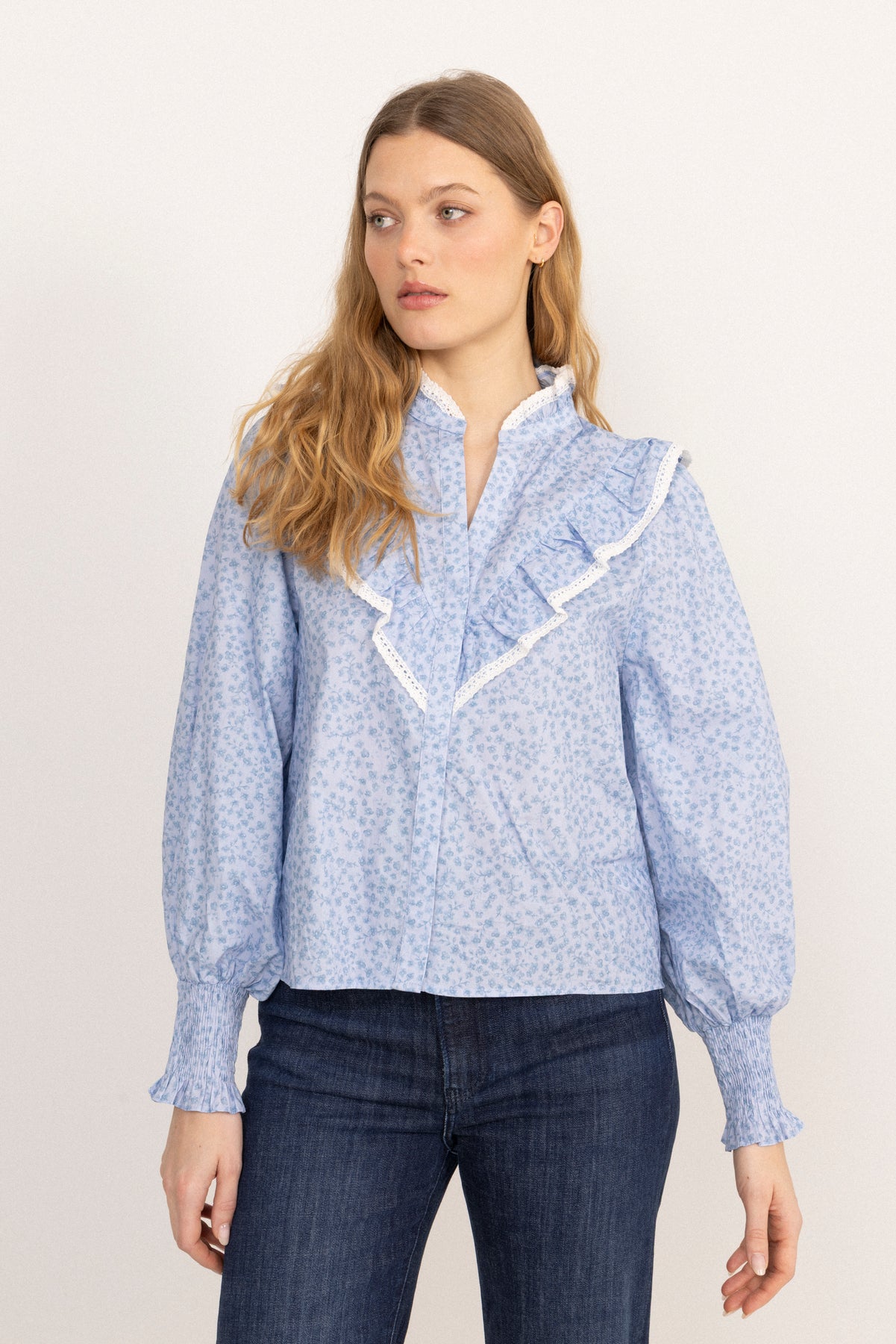 Synne Cotton Flower Blouse - Blue Flower