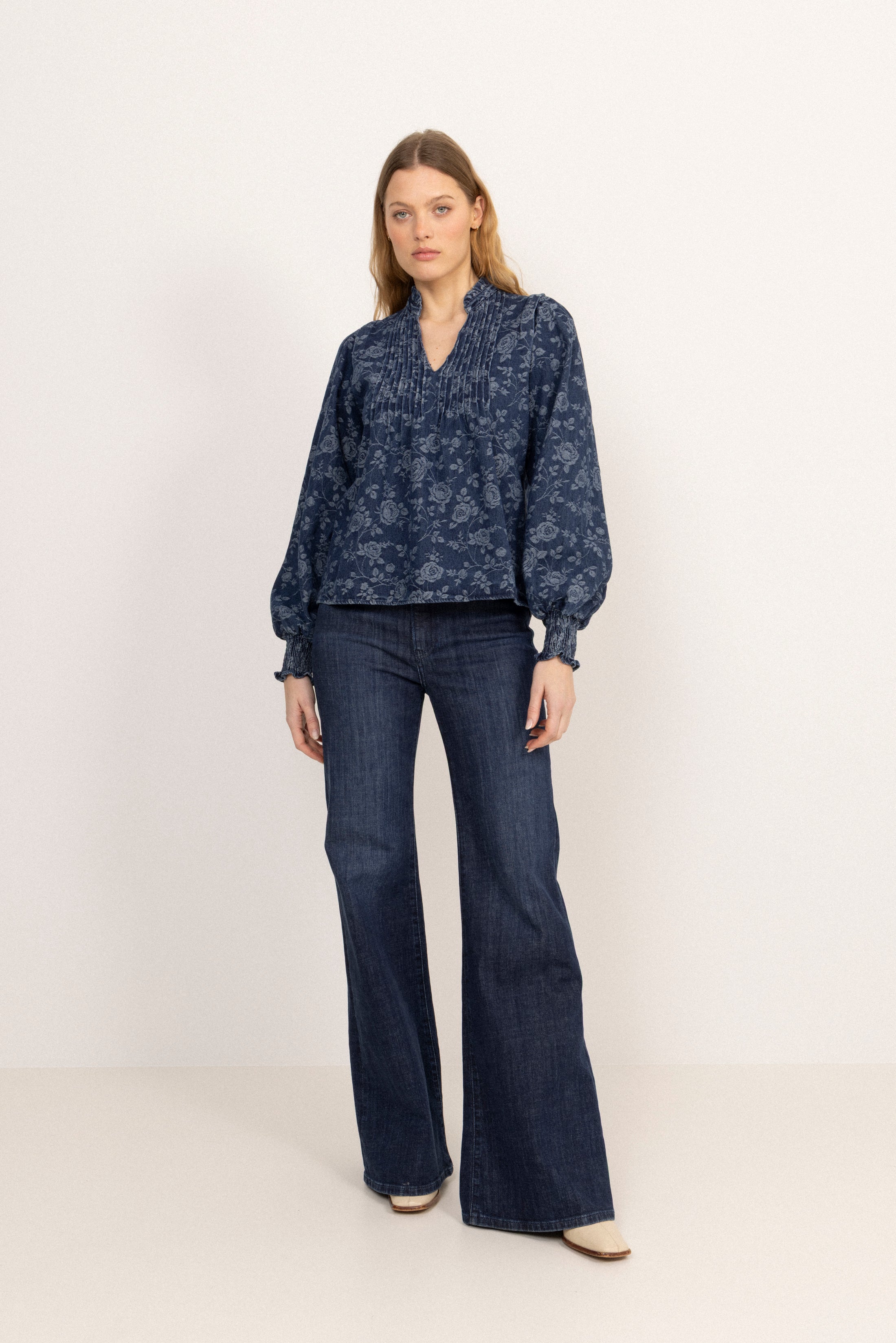 Emma Denim Jacquard Blouse - Blue Flower