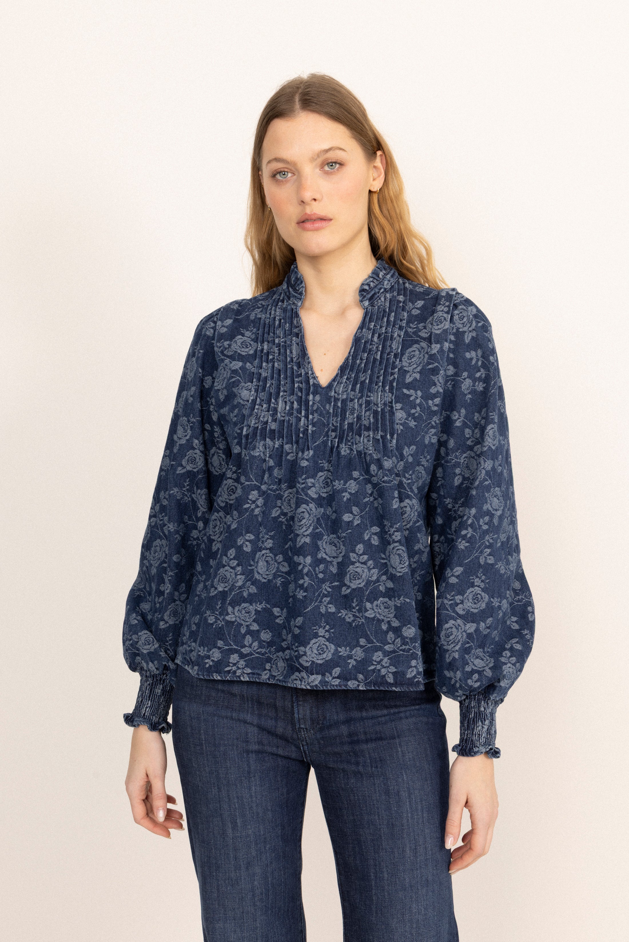 Emma Denim Jacquard Blouse - Blue Flower