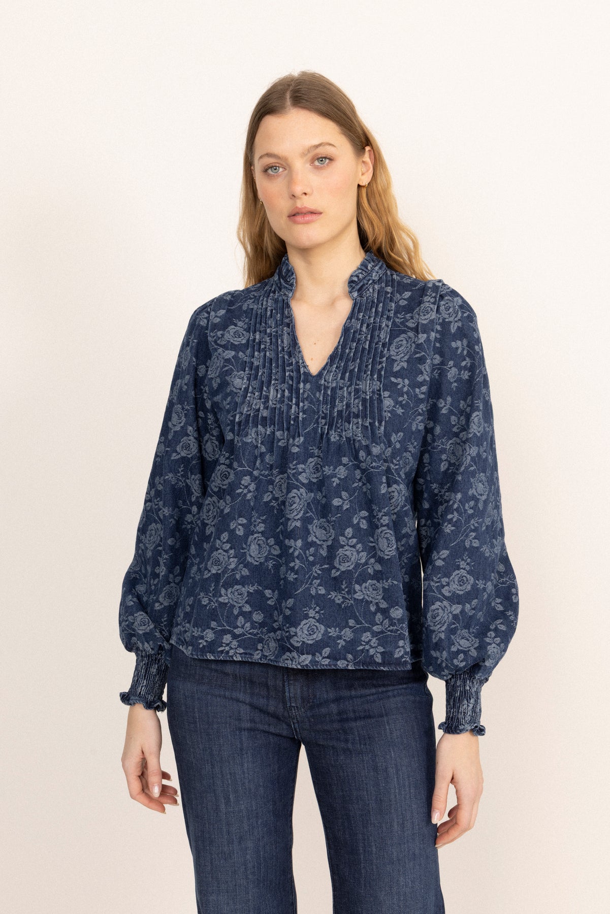 Emma Denim Jacquard Blouse - Blue Flower