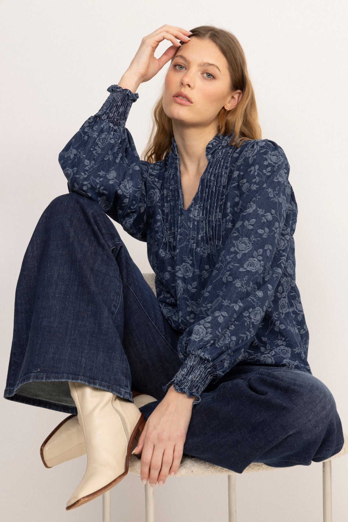 Emma Denim Jacquard Blouse - Blue Flower