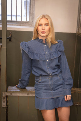 Ragna Denim Ruffle Blouse - Blue