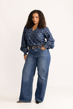 Emma Denim Jacquard Blouse - Blue Flower