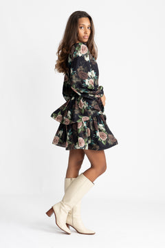 Jade Wave Flower Dress - Black