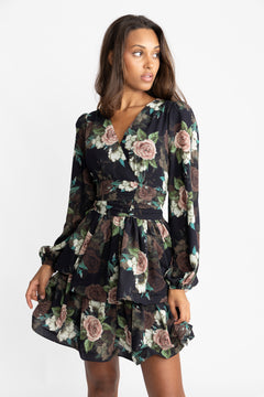 Jade Wave Flower Dress - Black