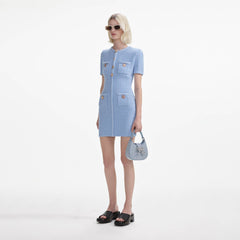 Jewel Button Knit Mini Dress - Blue