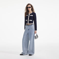 Crochet Contrast Trim Cardigan - Navy
