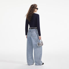 Crochet Contrast Trim Cardigan - Navy