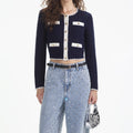 Crochet Contrast Trim Cardigan - Navy