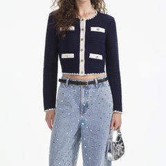 Crochet Contrast Trim Cardigan - Navy