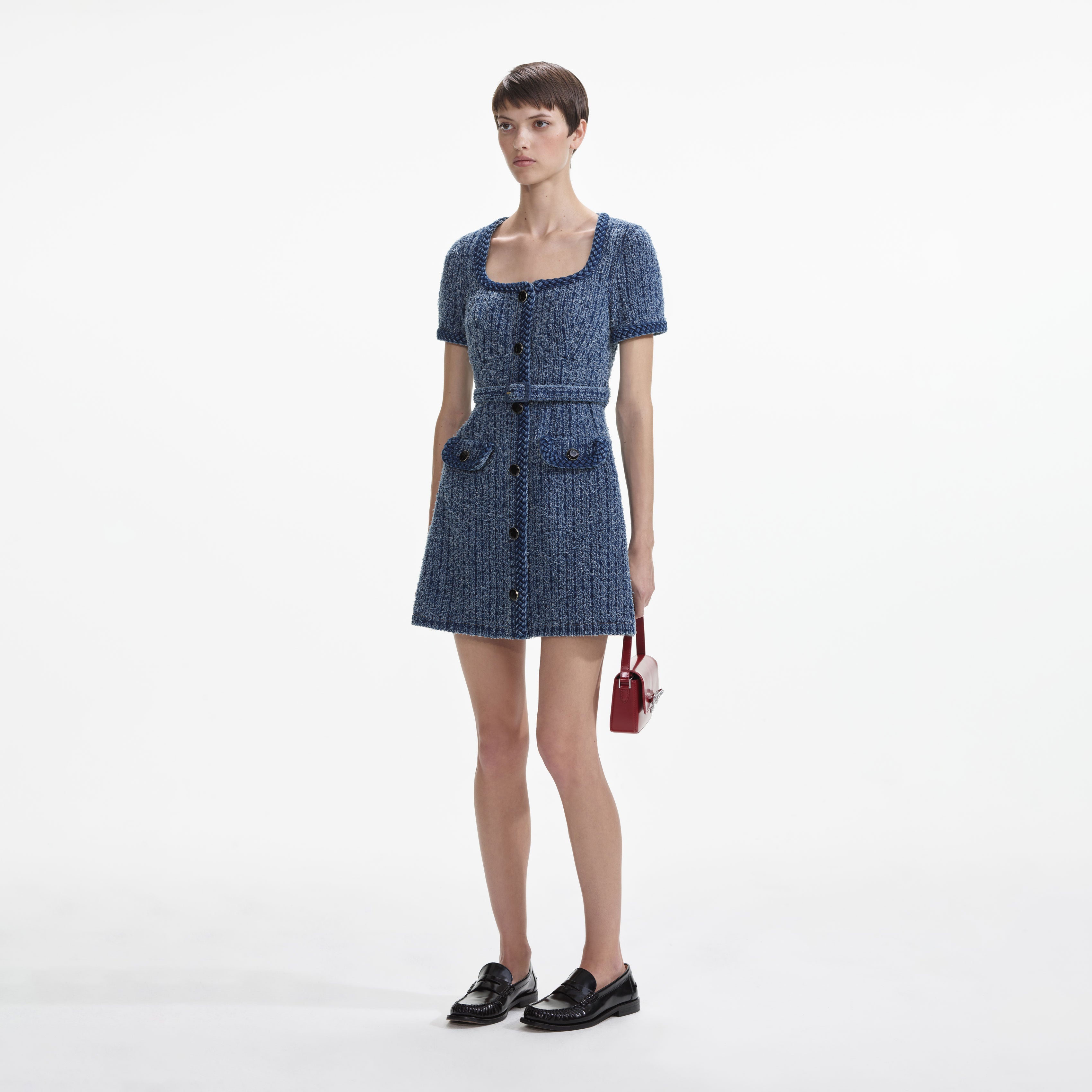 Textured Denim Short Sleeve Mini Dress - Blue